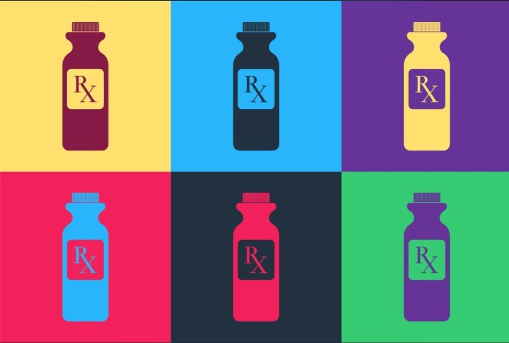 A vibrant six-panel pop art grid showing medical prescription bottles in alternating bright neon color schemes.