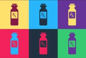A vibrant six-panel pop art grid showing medical prescription bottles in alternating bright neon color schemes.