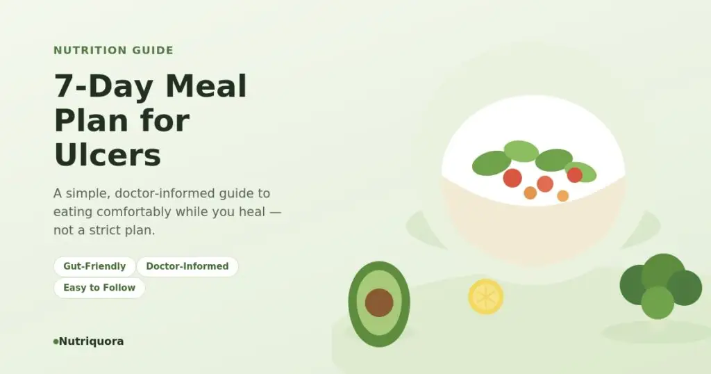 7-day meal plan for ulcers — bowl of gut-friendly salad with avocado, broccoli, and lemon