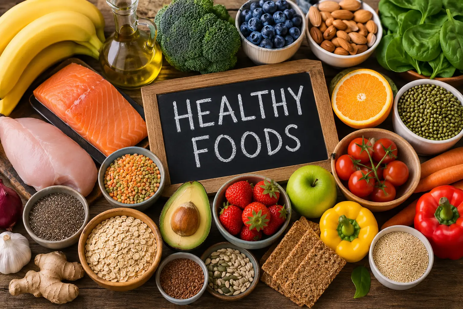 High-resolution image of healthy foods including fresh fruits, leafy vegetables, salmon, nuts, seeds, whole grains, avocado, and berries arranged on a wooden table to promote balanced nutrition and healthy eating.