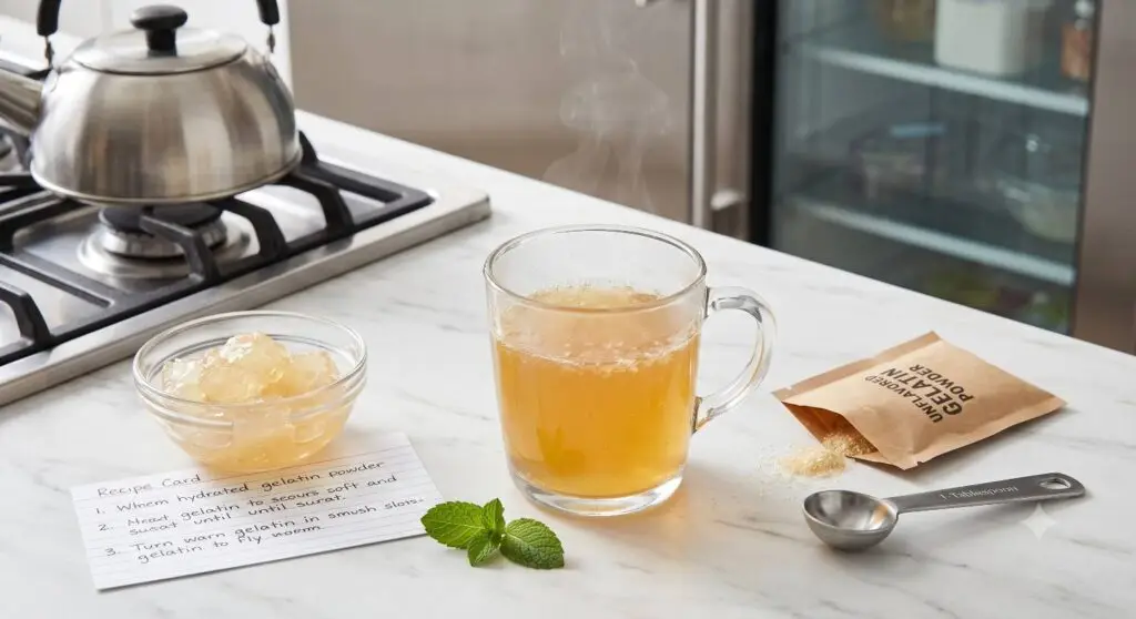 A clear glass mug containing a warm gelatin weight loss recipe drink sitting next to an unflavored gelatin powder packet on a kitchen counter.