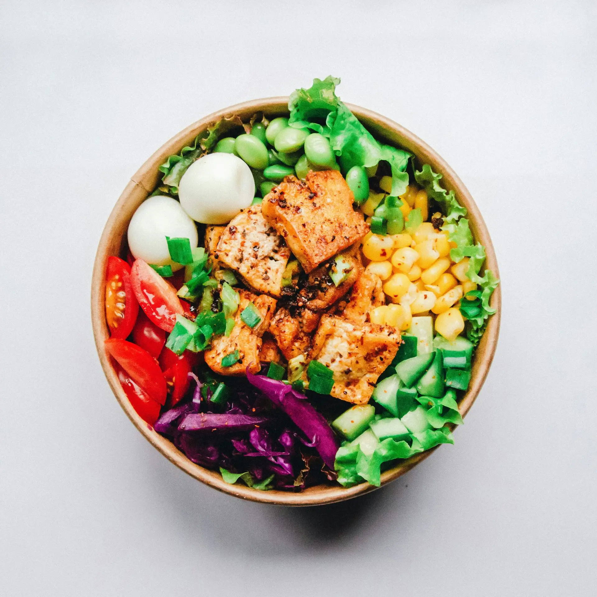 Healthy food bowl with fresh vegetables and egg for weight loss recipes