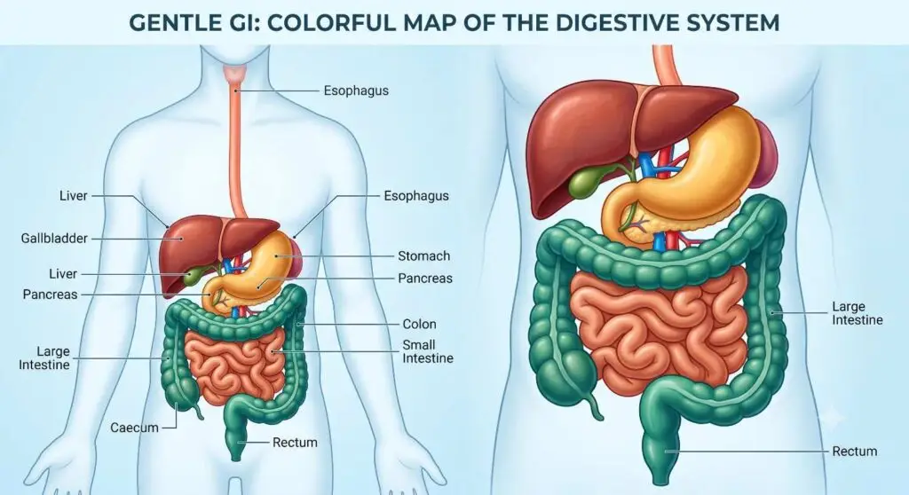 An anatomical diagram of the human digestive system illustrating organs involved in a meal plan for ulcerative colitis.