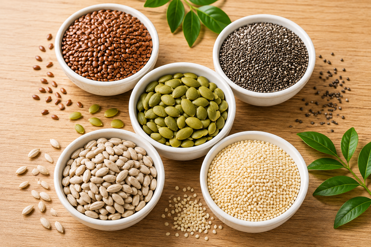 Alt text: Five bowls of seeds on a wooden table, including chia, flax, pumpkin, sunflower, and sesame seeds, representing nutritious seed choices for menopause.
