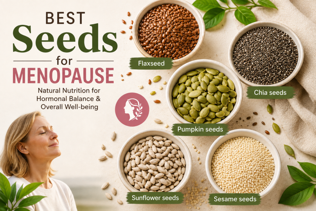 Best seeds for menopause featuring flaxseeds, chia seeds, pumpkin seeds, sunflower seeds, and sesame seeds, with a woman representing menopause wellness.