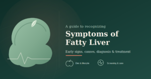 Illustration of a stylized liver with a healing leaf and heartbeat line, representing the symptoms of fatty liver and the path to recovery